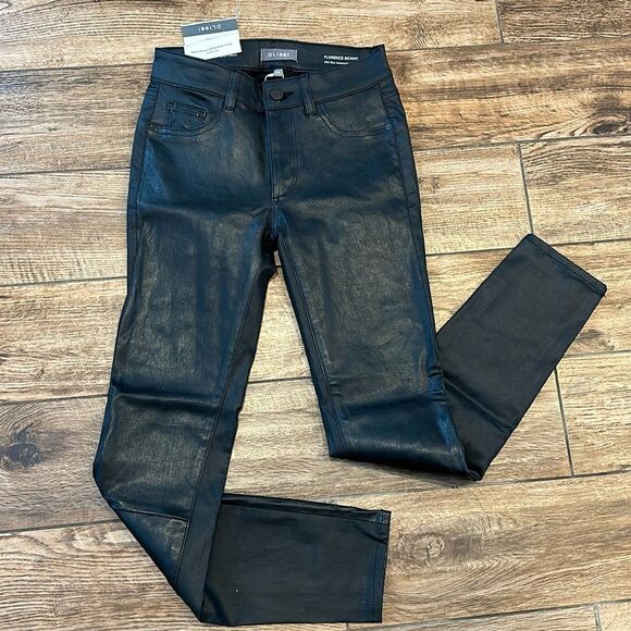 👖 DL1961 Florence Skinny Mid Rise Intrasculpt Ankle Blk LeatherPants Sz24 NWT👖 - Picture 1 of 5